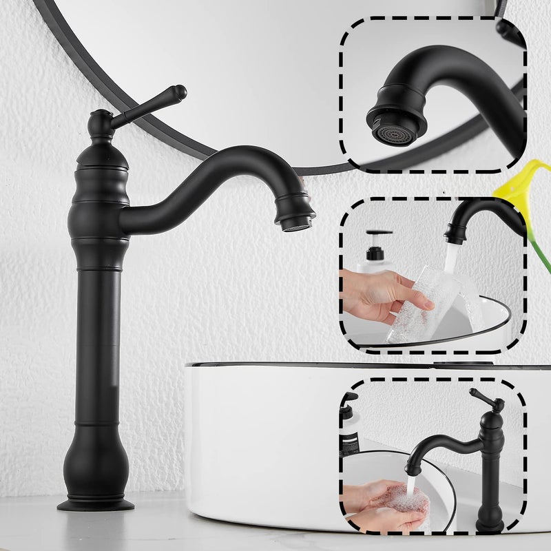 GGStudy Black Bathroom Faucet GGStudy 360Â° Swivel Single-Handle One Hole Bathroom Vessel Sink Faucet Matching Pop Up Drain - Image 4